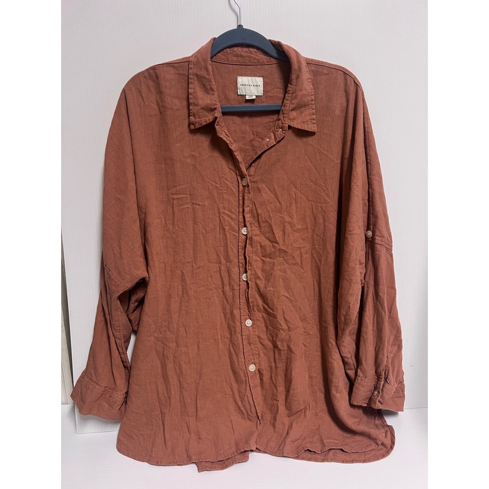 American Eagle Linen Blend Button Down Shirt Terracotta Clay Oversized Small